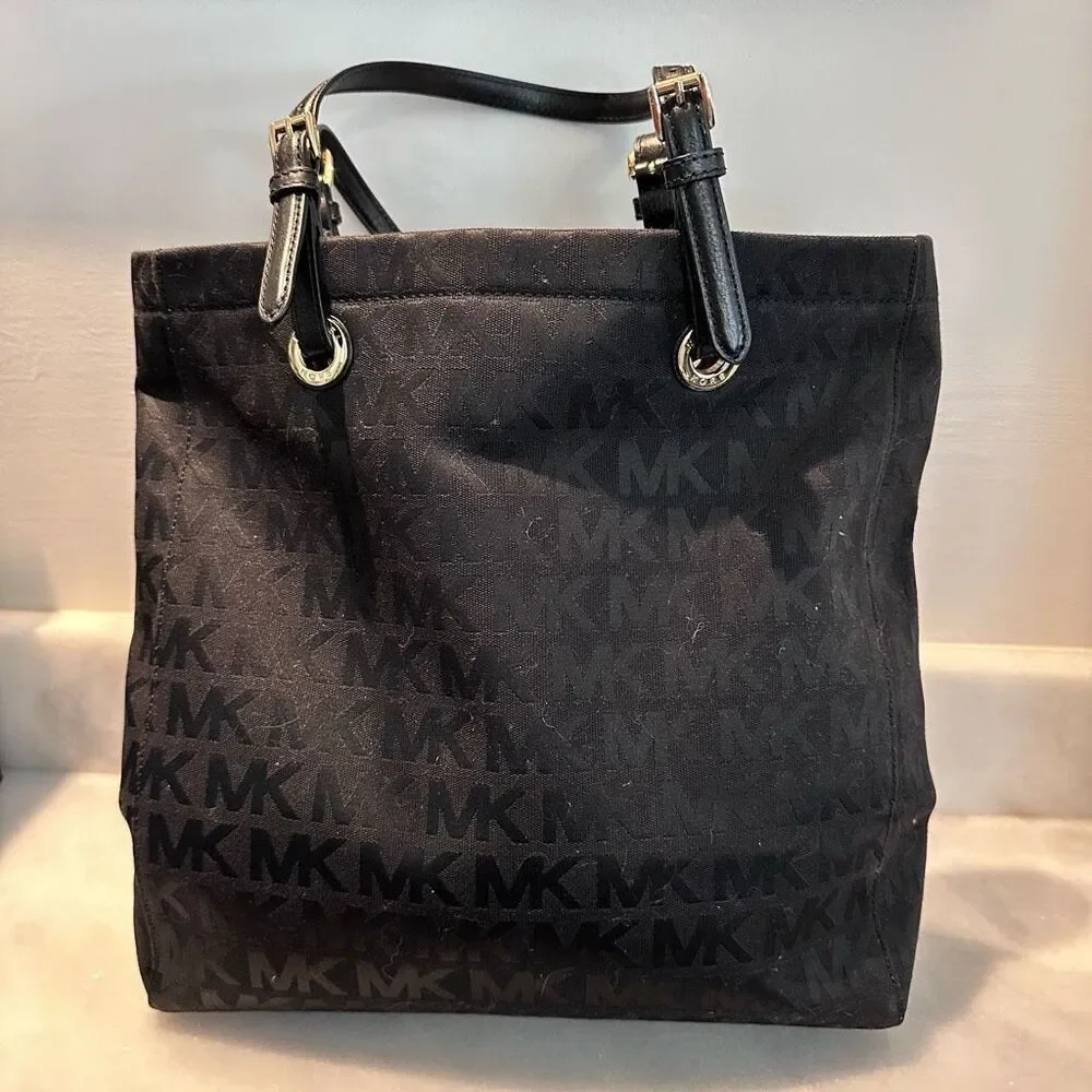 Michael Kors Canvas Logo Tote Bag Adjustable Strap Black Large Excellent Conditi